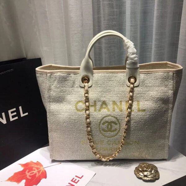 Chanel Deauville Tote Tweed Canvas Bag Fall/Winter Collection, Beige/Cream/Gold/Multi For Women 15in/38cm