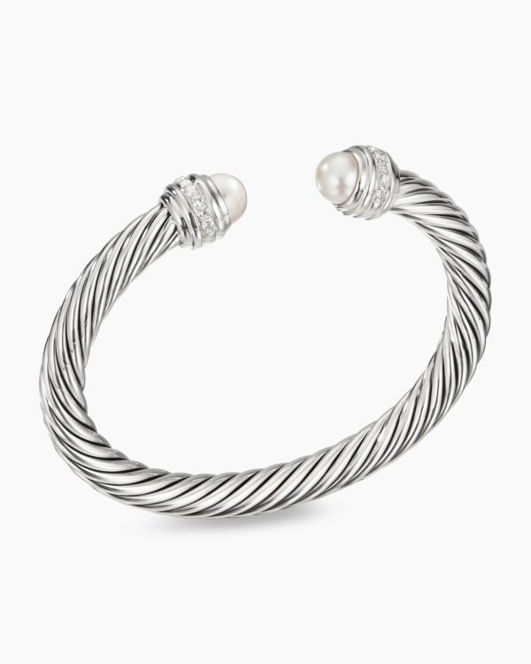 Classic Cable Bracelet Sterling Silver with Pearls and Diamonds, 7mm