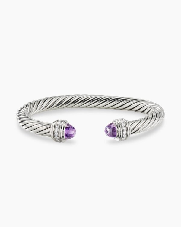 Classic Cable Bracelet Sterling Silver with Amethyst and Diamonds, 7mm