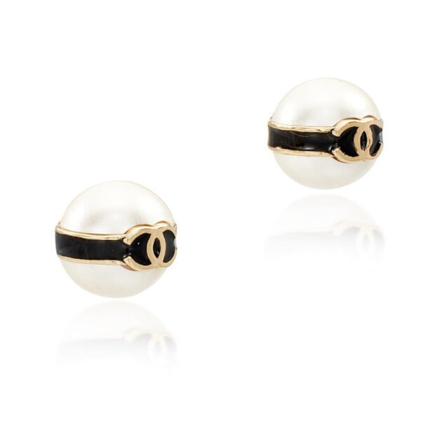 Black Lucite, Imitation Pearl and Gold Metal CC Earrings
