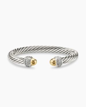 Classic Cable Bracelet Sterling Silver with 14K Yellow Gold Domes and Diamonds, 7mm
