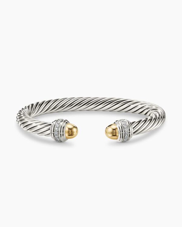 Classic Cable Bracelet Sterling Silver with 14K Yellow Gold Domes and Diamonds, 7mm