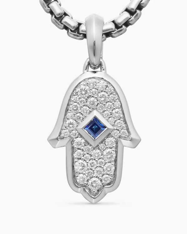 Hamsa Amulet 18K White Gold with Pav&eacute; Diamonds and Blue Sapphire, 24.6mm