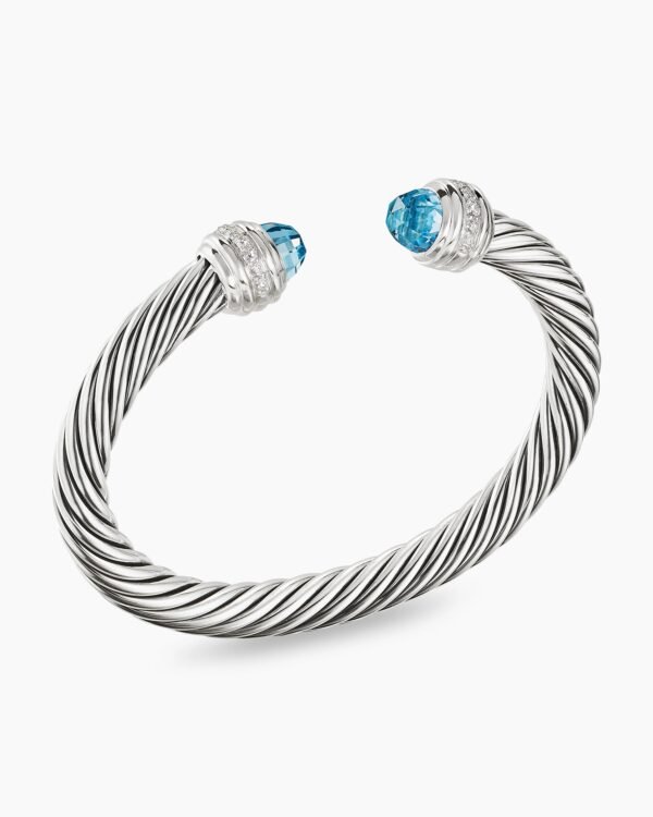 Classic Cable Bracelet Sterling Silver with Blue Topaz and Diamonds, 7mm