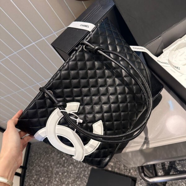 CHANEL Calfskin Quilted Large Cambon Tote Black White