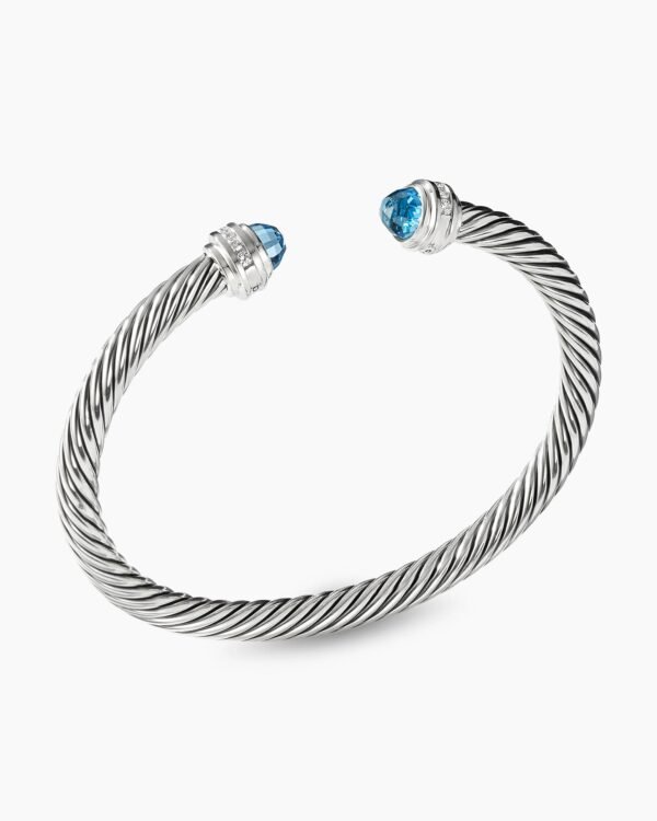 Classic Cable Bracelet Sterling Silver with Blue Topaz and Diamonds, 5mm