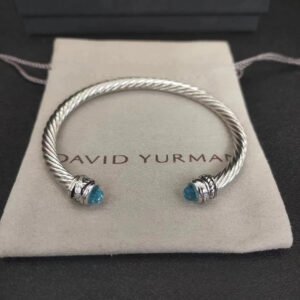 Classic Cable Bracelet Sterling Silver with Blue Topaz and Diamonds, 5mm