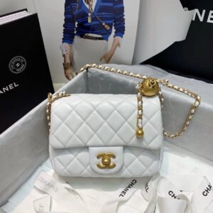 Chanel Mini Flap Bag With CC Ball On Strap White For Women, Women&rsquo;s Handbags, Shoulder And Crossbody Bags 6.7in/17cm AS1786