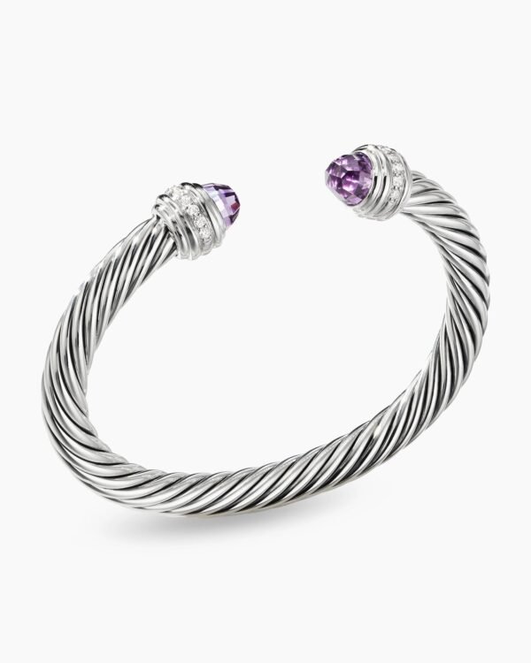 Classic Cable Bracelet Sterling Silver with Amethyst and Diamonds, 7mm