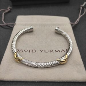 X Classic Cable Station Bracelet Sterling Silver with 14K Yellow Gold, 5mm