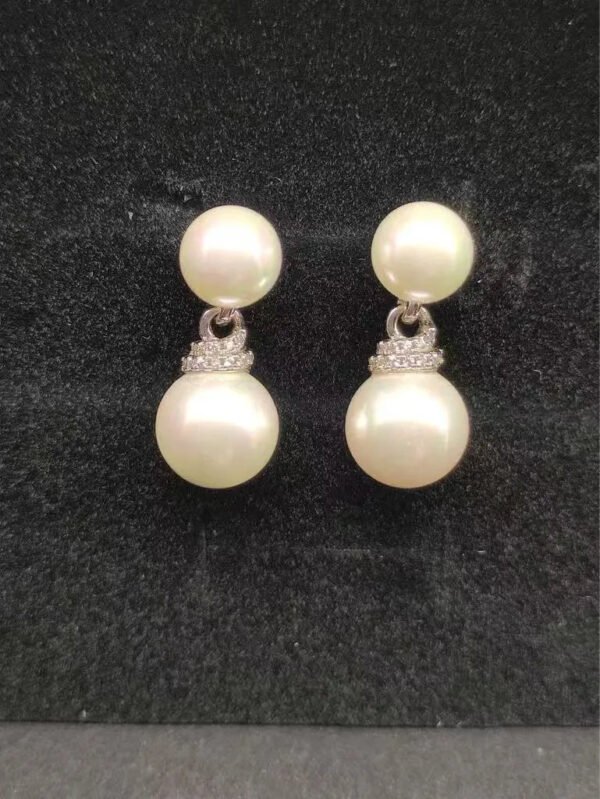 Double Pearl Pave Sterling Silver Diamond Earrings