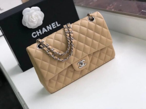 Chanel Classic Handbag Silver Hardware BeigeFor Women, Women&rsquo;s Bags, Shoulder And Crossbody Bags 10.2in/26cm A01112