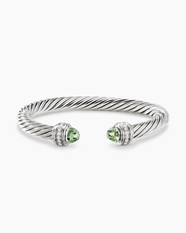 Classic Cable Bracelet Sterling Silver with Prasiolte and Diamonds, 7mm