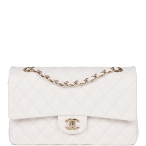 Medium Classic Double Flap Bag White Caviar Light Gold Hardware