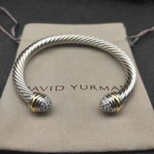 Classic Cable Bracelet Sterling Silver with 18K Yellow Gold and Half Diamond Domes, 7mm