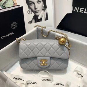 Chanel Flap Bag With CC Ball On Strap Grey For Women, Women&rsquo;s Handbags, Shoulder And Crossbody Bags 7.8in/20cm AS1787