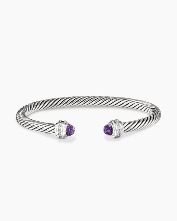Classic Cable Bracelet Sterling Silver with Amethyst and Diamonds, 5mm
