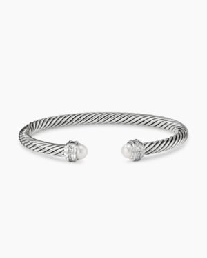 Classic Cable Bracelet Sterling Silver with Pearls and Diamonds, 5mm