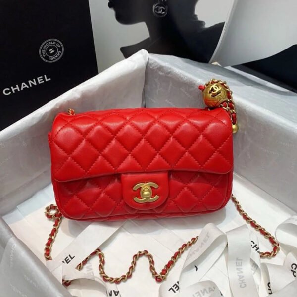 Chanel Flap Bag With CC Ball On Strap Red For Women, Women&rsquo;s Handbags, Shoulder And Crossbody Bags 7.8in/20cm AS1787