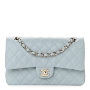 Caviar Quilted Medium Double Flap Light Blue