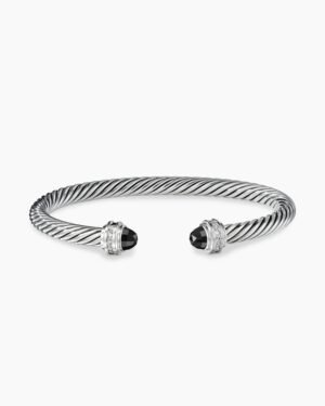 Classic Cable Bracelet Sterling Silver with Black Onyx and Diamonds, 5mm
