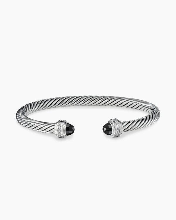 Classic Cable Bracelet Sterling Silver with Black Onyx and Diamonds, 5mm