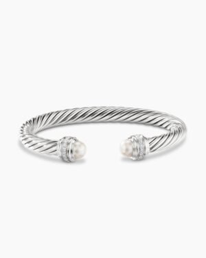Classic Cable Bracelet Sterling Silver with Pearls and Diamonds, 7mm