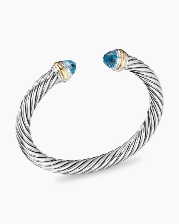 Classic Cable Bracelet Sterling Silver with 14K Yellow Gold and Blue Topaz, 7mm
