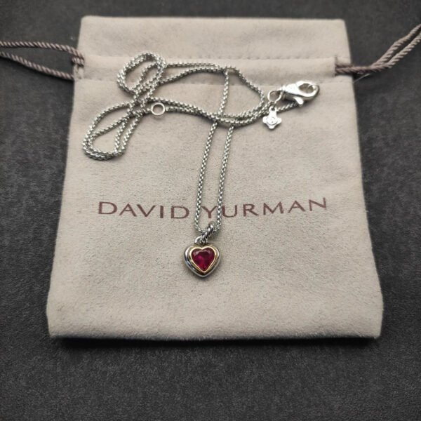Petite Cable Heart Pendant Necklace Sterling Silver with 14K Yellow Gold and Rhodolite Garnet