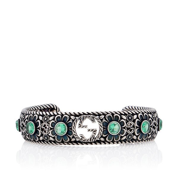 Crystal Floral Interlocking Double G Cuff Bracelet (SHF-18496)