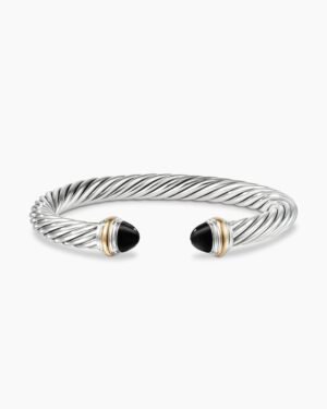 Classic Cable Bracelet Sterling Silver with 14K Yellow Gold and Black Onyx, 7mm