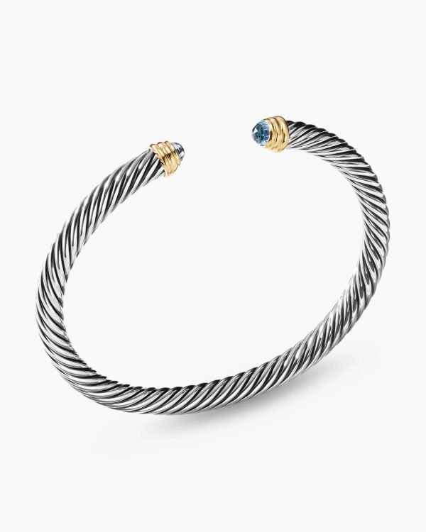 Classic Cable Bracelet Sterling Silver with 14K Yellow Gold and Blue Topaz, 5mm