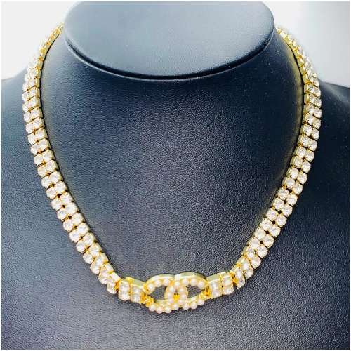 49DF86DD-B260-2BB3-A3A9-4C3BF40DEDFD.jpg Authentic Heavy Gilt Necklace CC Logo set with Seed Pearls and Crystals