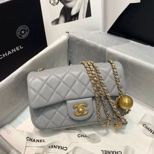 Chanel Flap Bag With CC Ball On Strap Grey For Women, Women&rsquo;s Handbags, Shoulder And Crossbody Bags 7.8in/20cm AS1787