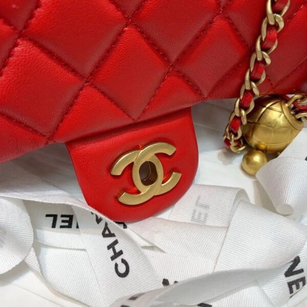 Chanel Flap Bag With CC Ball On Strap Red For Women, Women&rsquo;s Handbags, Shoulder And Crossbody Bags 7.8in/20cm AS1787