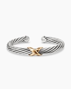 X Classic Cable Station Bracelet Sterling Silver with 14K Yellow Gold, 7mm