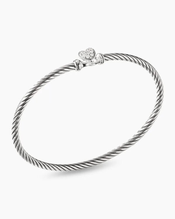 Classic Cable Heart Station Bracelet Sterling Silver with Pave Diamonds, 3mm - 17cm