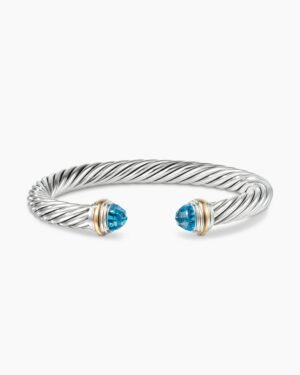 Classic Cable Bracelet Sterling Silver with 14K Yellow Gold and Blue Topaz, 7mm