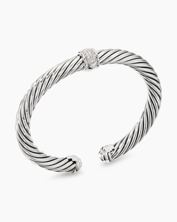 Classic Cable Station Bracelet Sterling Silver with Pave Diamonds, 7mm