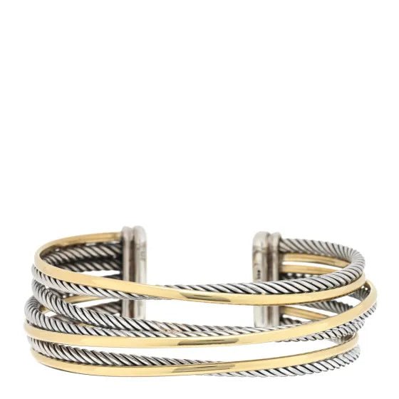 David Yurman Sterling Silver 18K Yellow Gold 21mm Four Row Crossover Cuff Bracelet