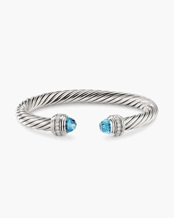 Classic Cable Bracelet Sterling Silver with Blue Topaz and Diamonds, 7mm