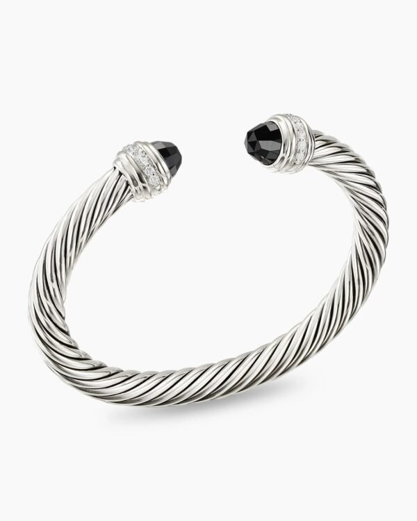 Classic Cable Bracelet Sterling Silver with Black Onyx and Diamonds, 7mm