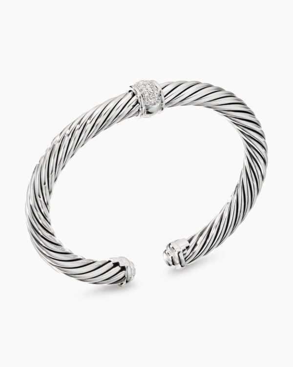 Classic Cable Station Bracelet Sterling Silver with Pave Diamonds, 7mm
