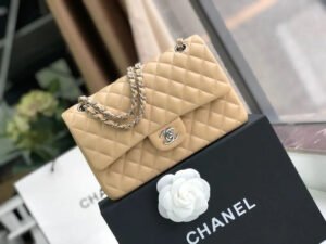 Chanel Classic Handbag Silver Hardware BeigeFor Women, Women&rsquo;s Bags, Shoulder And Crossbody Bags 10.2in/26cm A01112