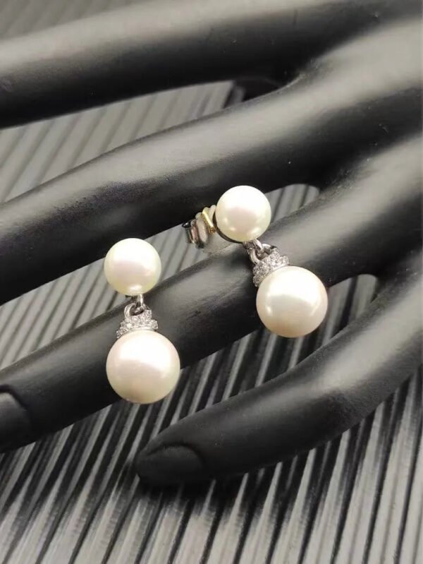 Double Pearl Pave Sterling Silver Diamond Earrings