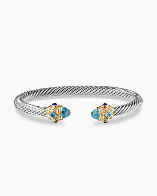 Renaissance&reg; Classic Cable Bracelet Sterling Silver with 14K Yellow Gold, Blue Topaz and Lapis, 5mm
