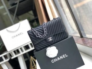 Chanel Chevron Classic Handbag Silver Hardware Black For Women, Women&rsquo;s Bags, Shoulder And Crossbody Bags 10.2in/26cm
