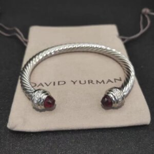Classic Cable Bracelet Sterling Silver with Garnets and Diamonds, 7mm