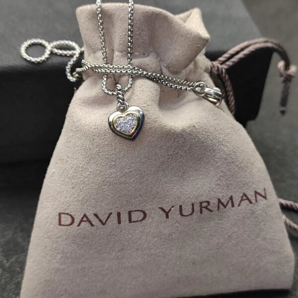 Petite Cable Heart Pendant Necklace Sterling Silver with 14K Yellow Gold and Diamonds