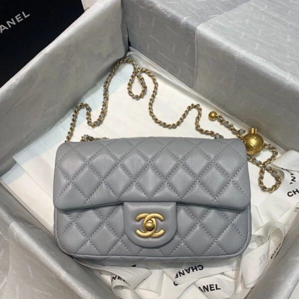 Chanel Flap Bag With CC Ball On Strap Grey For Women, Women&rsquo;s Handbags, Shoulder And Crossbody Bags 7.8in/20cm AS1787